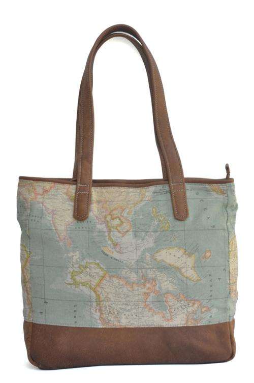 Brown leather and World Map Atlas Fabric Tote Bag