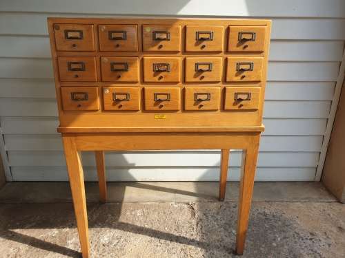 Solid Oak Library Card File Media Cabinet, 15 Drawers