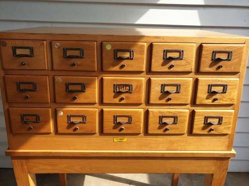 Solid Oak Library Card File Media Cabinet, 15 Drawers