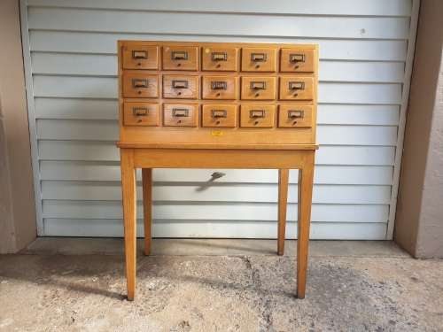 Solid Oak Library Card File Media Cabinet, 15 Drawers