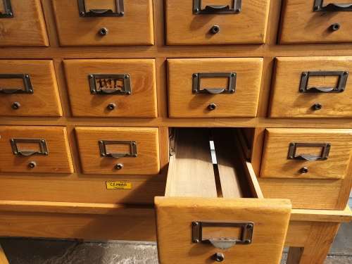 Solid Oak Library Card File Media Cabinet, 15 Drawers