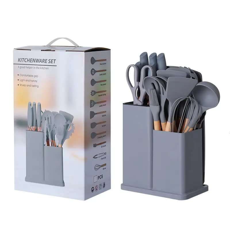Alpha 2024 -19-piece Set Of Silica Gel Kitchen Utensil Set With Wooden Handle And Cuttings Board