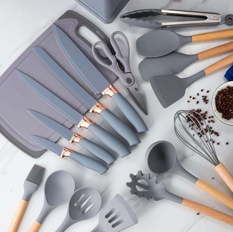 Alpha 2024 -19-piece Set Of Silica Gel Kitchen Utensil Set With Wooden Handle And Cuttings Board