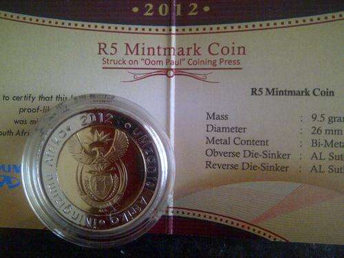 2012 "OOM PAUL" MINTMARK R5 COINS + CERTIFICATE OF AUTHENTICITY &  SA MINT BOX