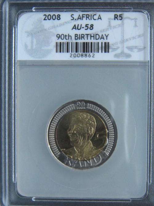 WOW !!! SUPER  GRADED  AU 58 MANDELA BIRTHDAY R5 COIN R1 START