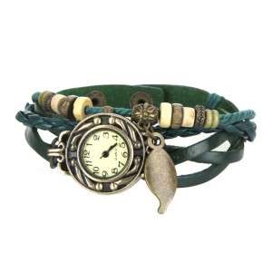 Retro Male Female Wrist Watch Bracelet Leather Strap Knit Wrap Around Quartz + Leaf Pendant H9740GR