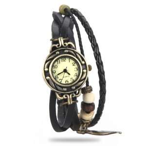 Retro Male Female Wrist Watch Bracelet Leather Strap Knit Wrap Around Quartz + Leaf Pendant H9740B
