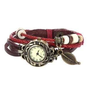 Retro Male Female Wrist Watch Bracelet Leather Strap Knit Wrap Around Quartz + Leaf Pendant H9740R