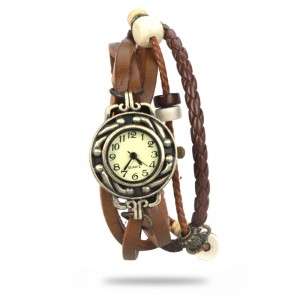 Retro Male Female Wrist Watch Bracelet Leather Strap Knit Wrap Around Quartz + Leaf Pendant H9740BR