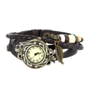 Retro Male Female Wrist Watch Bracelet Leather Strap Knit Wrap Around Quartz + Leaf Pendant H9740K