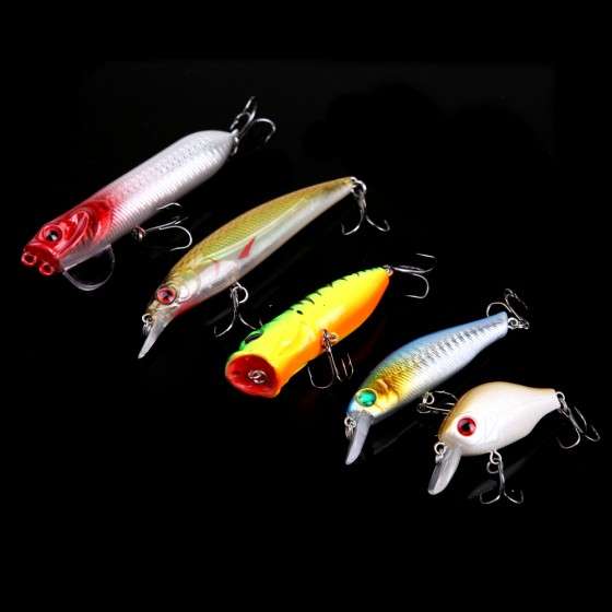 5Pcs Artificial Fishing Lure Hard Bait Minnow Pencil Crank Popper with Hook Plastic Fishing h10470