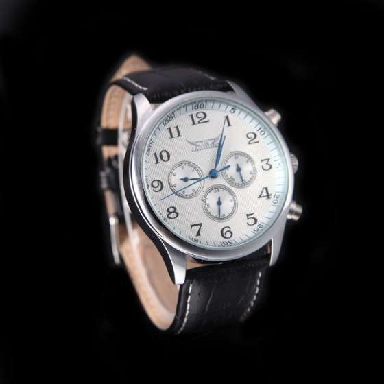 Jaragar Automatic Mechanical Analog White Dial 6 Hands Menâs Sport Leather Wrist Watch h11602w