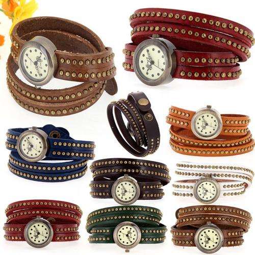 Fashion Elegant Rivet Wrap Around Genuine Leather Retro Bracelet Ladies Wrist Watch #