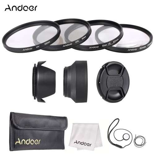 Andoer 62mm Lens Filter Kit with Lens Cap Holder Tulip Rubber Lens Hoods Cleaning Cloth