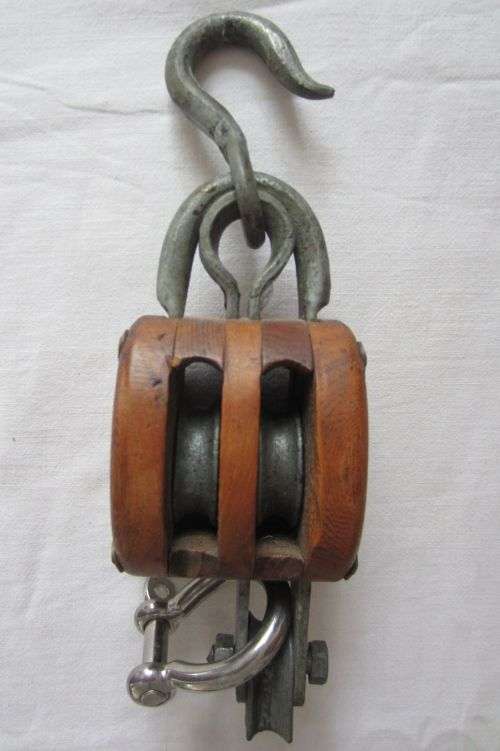Vintage Wooden Pulley Block - Double Wheel