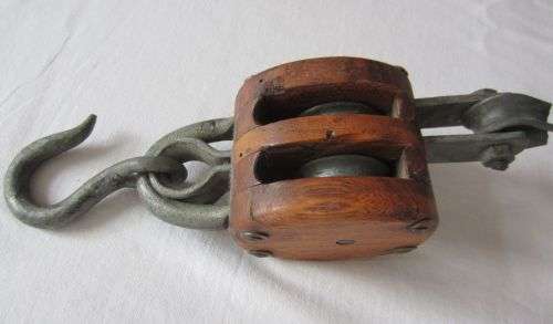 Vintage Wooden Pulley Block - Double Wheel