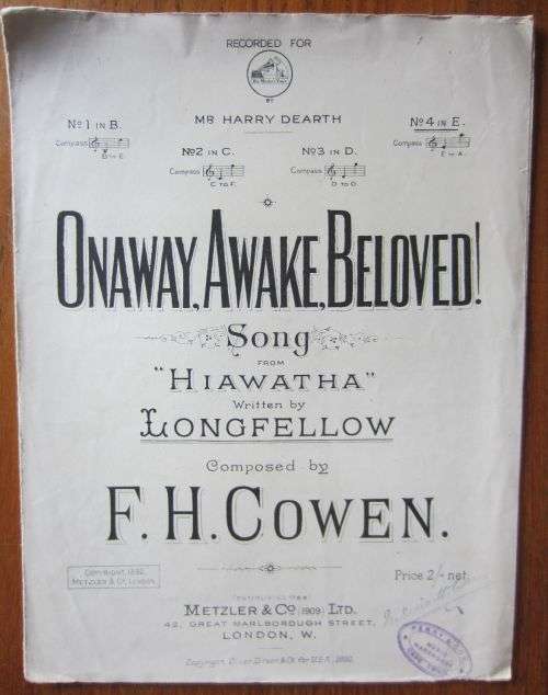 Onaway, Awake Beloved (Song from Hiawatha) - Written by Longfellow - 1892 - Sheet Music