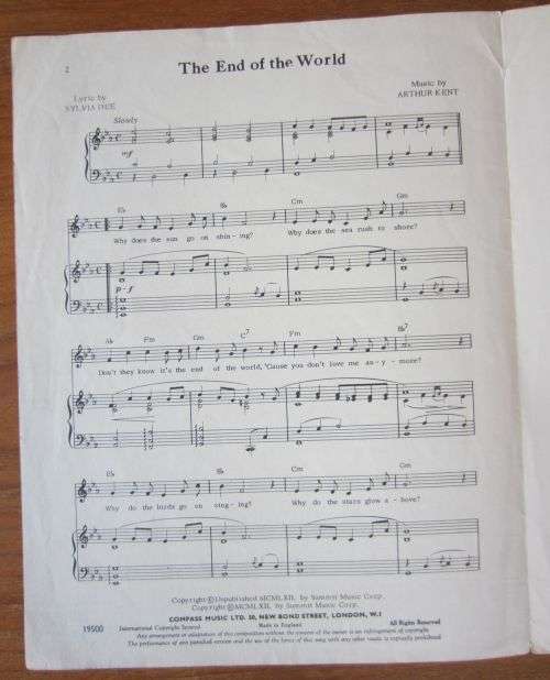 THE END OF THE WORLD - Skeeter Davis - Vintage Sheet Music - 1962