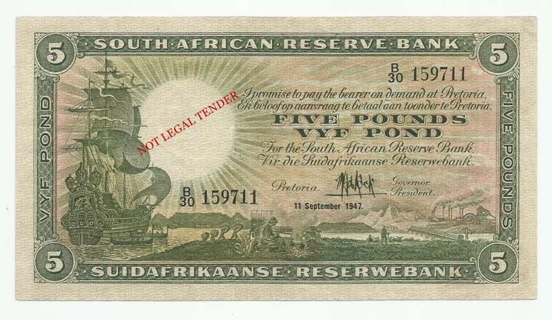 M.H. DE KOCK, 1ST ISSUE, 5 POUNDS B30, EF, SEPTEMBER 1947