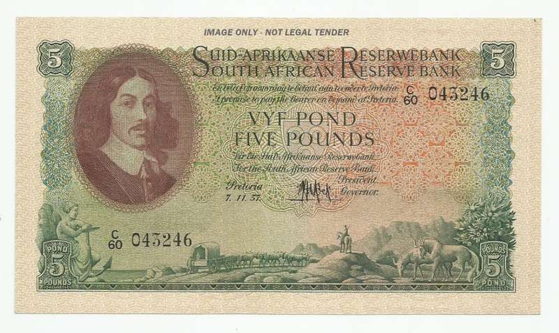 M.H. DE KOCK, 3RD ISSUE, FIVE POUNDS C60, AUNC/UNC