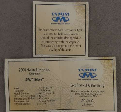 South Africa Proof Tickey 2 1/2 Cents 2001 Marine Series Dolphins