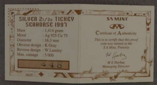 South Africa Proof Tickey 2 1/2 Cents 1997 Marine Series Seahorse