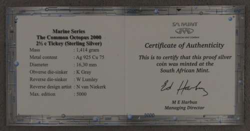 South Africa Proof Tickey 2 1/2 Cents 2000 Marine Series Octopus