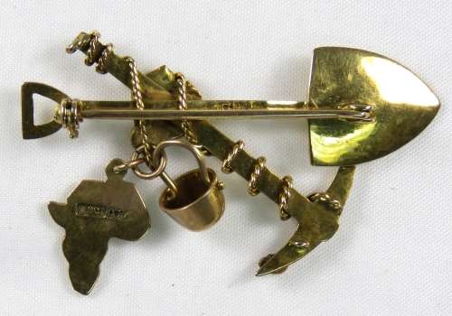 Africa Gold Miners Brooch Ca 1900 Spade & Pick 9ct Hallmark