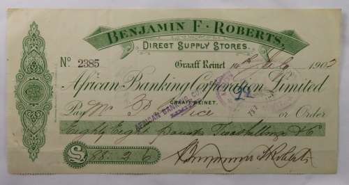 African Banking Corporation 1902 Cheque Graaf Reinet, Benjamin F. Roberts Direct Supply Stores