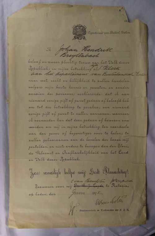 1898 ZAR Document Appointing Johan Hendrik Breytenbach to position of Klerk in Buitenlandsche Zaken