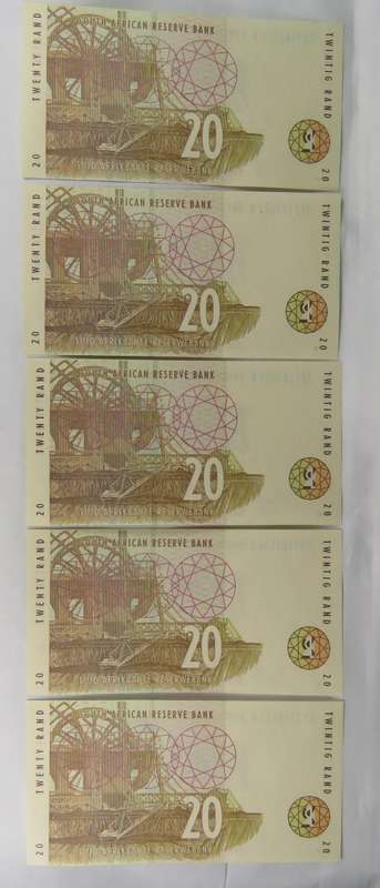 R20 T. Mboweni 1st Issue UNC, 5 Consecutive Numbers, (Bid Per Note)