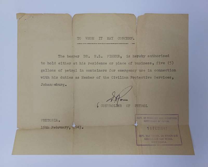 South African Rationing Scheme Coupon Book With Authorization Letter for 5 Gallons of Petrol