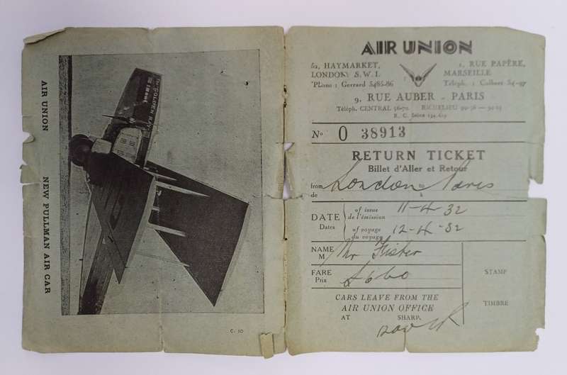 Air Union France 1932 Golden Ray (bar & restaurant plane) original photo, ticket & baggage slip