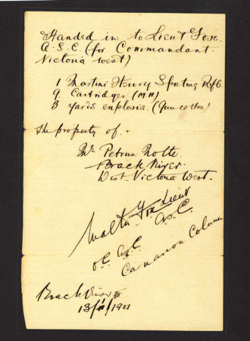 Boer War Receipt for Gun and Cartridges Handed in Under Military Law