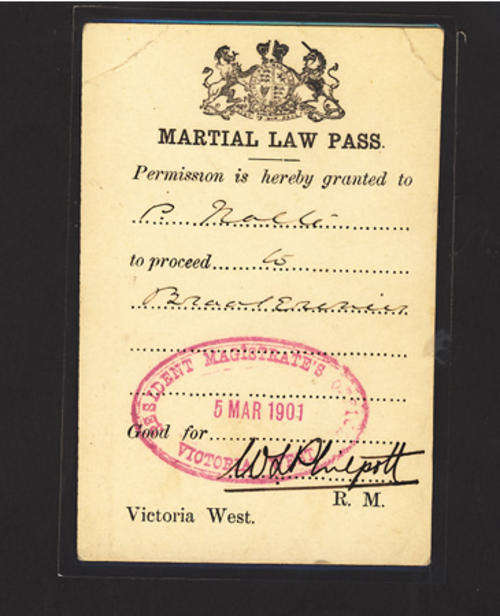 Boer War Martial Law Pass 5 March 1901