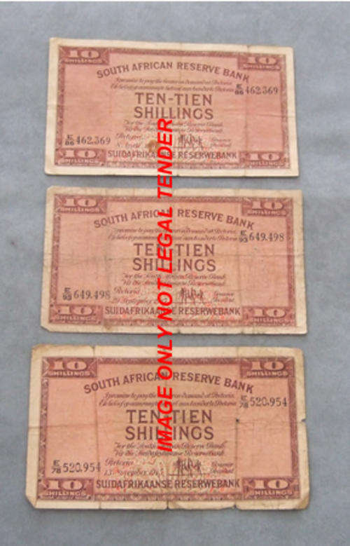 10 Shillings MH De Kock 6 Notes 1st Issue (R280 for the lot)