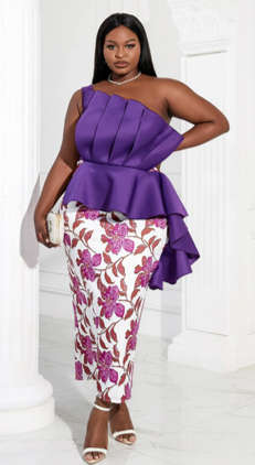 Plus One Shoulder Ruffle Trim Peplum Waist Dress Multicolor   2XL