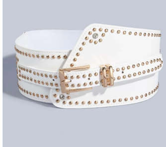 Women`s White Rhinestone Decorated Wide Waist Belt With Rivets