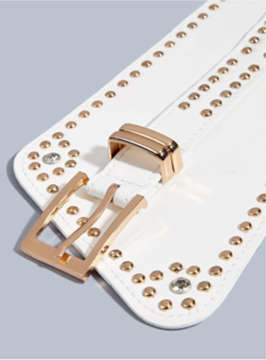 Women`s White Rhinestone Decorated Wide Waist Belt With Rivets
