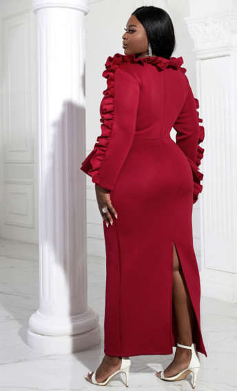 Plus Ruffle Trim Peplum Waist Split Back Dress Burgundy /4XL