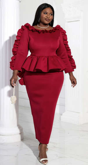 Plus Ruffle Trim Peplum Waist Split Back Dress Burgundy /4XL