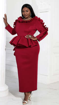 Plus Ruffle Trim Peplum Waist Split Back Dress Burgundy /4XL