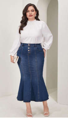 Mulvari Plus Button Fly Mermaid Hem Denim Skirt  Dark Wash/2XL