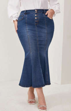Mulvari Plus Button Fly Mermaid Hem Denim Skirt  Dark Wash/2XL