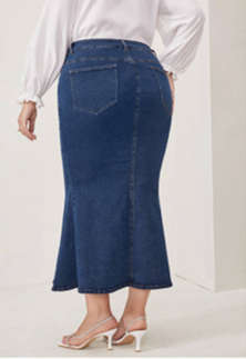 Mulvari Plus Button Fly Mermaid Hem Denim Skirt  Dark Wash/2XL