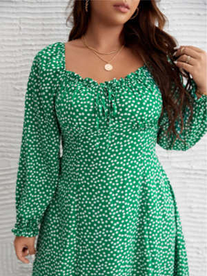 Plus Ditsy Floral Print Knot Front Flounce Sleeve Dress Green/4XL