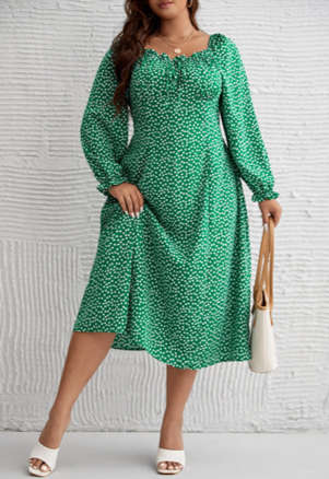 Plus Ditsy Floral Print Knot Front Flounce Sleeve Dress Green/4XL