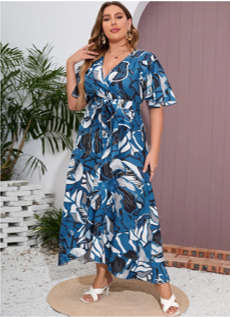 Plus All-over Print Surplice Front Belted Dress