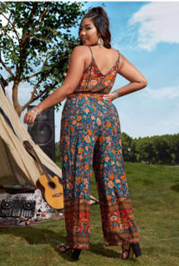 Floral Print Overlap Collar Belted Cami Jumpsuit