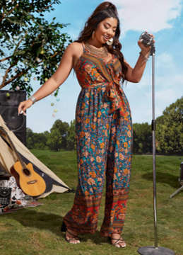 Floral Print Overlap Collar Belted Cami Jumpsuit